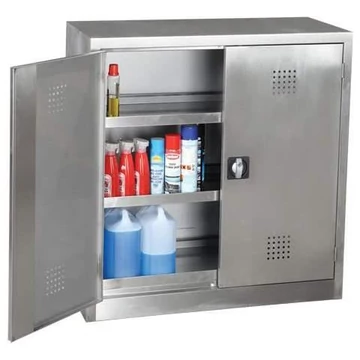 Vegyianyag tároló szekrény, rozsdamentes, 1 alsó felfogótálca, 2 tálcás polc, ma x sz x mé: 1040x1000x435 mm