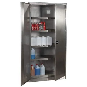 Vegyianyag tároló szekrény, rozsdamentes, 1 alsó felfogótálca, 4 tálcás polc, ma x sz x mé: 1990x1000x435 mm