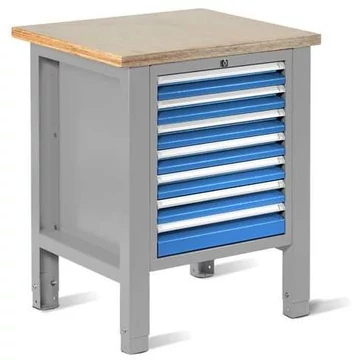 Műhelyasztal TECHNO Light, szélessége 725 mm, 7 fiók, színe világosszürke RAL7035 / kék RAL5012.