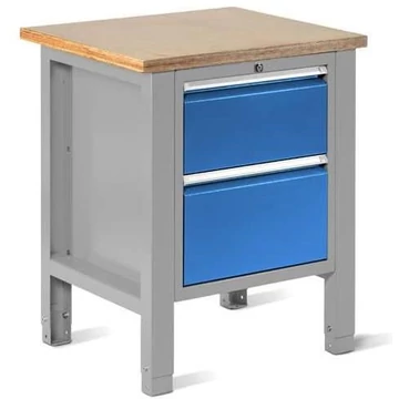 Műhelyasztal TECHNO Light, 725 mm szélességű, 2 fiók, színe világosszürke RAL7035 / kék RAL5012.