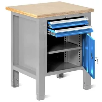 Műhelyasztal TECHNO Light, 725 mm szélességű, 2 fiók, szekrény, színe világosszürke RAL7035 / kék RAL5012.