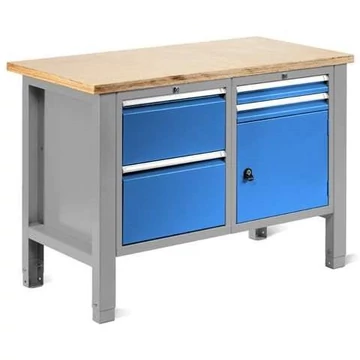 Műhelyasztal TECHNO Light, szélessége 1245 mm, 4 fiók, 1 szekrény, színe világosszürke RAL7035 / kék RAL5012.