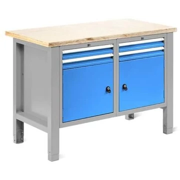 Műhelyasztal TECHNO Light, szélessége 1245 mm, 4 fiók, 2 szekrény, színe világosszürke RAL7035 / kék RAL5012.