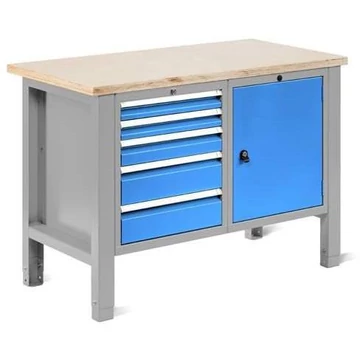 Műhelyasztal TECHNO Light, szélessége 1245 mm, 5 fiók, 1 szekrény, színe világosszürke RAL7035 / kék RAL5012.