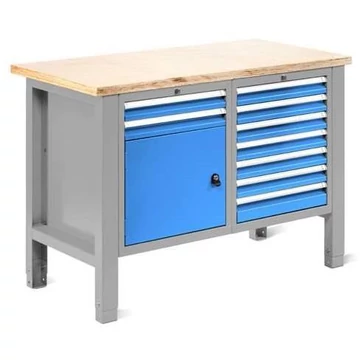 Műhelyasztal TECHNO Light, szélessége 1245 mm, 9 fiók, 1 szekrény, színe világosszürke RAL7035 / kék RAL5012.