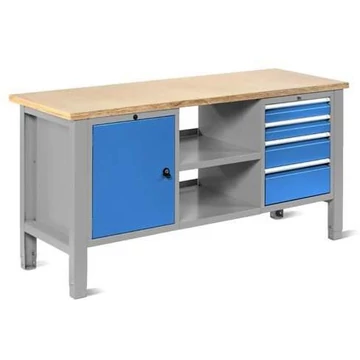Műhelyasztal TECHNO Light, szélessége 1765 mm, 4 fiók, 1 szekrény, színe világosszürke RAL7035 / kék RAL5012.