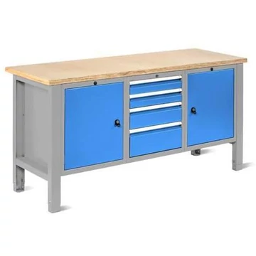 Műhelyasztal TECHNO Light, szélessége 1765 mm, 4 fiók, 2 szekrény, színe világosszürke RAL7035 / kék RAL5012.