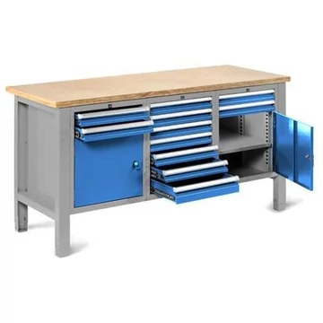 Műhelyasztal TECHNO Light, szélessége 1765 mm, 11 fiók, 2 szekrény, színe világosszürke RAL7035 / kék RAL5012.