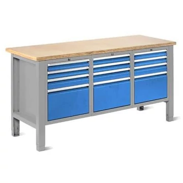 Műhelyasztal TECHNO Light, szélessége 1765 mm, 12 fiók, színe világosszürke RAL7035 / kék RAL5012.