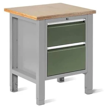 Műhelyasztal TECHNO Light, szélessége 725 mm, 2 fiók, színe világosszürke RAL7035 / zöld RAL6011.