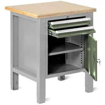 TECHNO Light műhelyasztal, szélessége 725 mm, 2 fiók, szekrény, színe világosszürke RAL7035 / zöld RAL6011.
