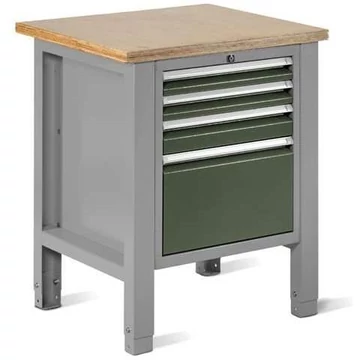 Műhelyasztal TECHNO Light, szélessége 725 mm, 4 fiók, színe világosszürke RAL7035 / zöld RAL6011.