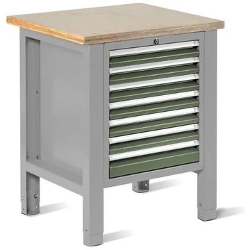 Műhelyasztal TECHNO Light, szélessége 725 mm, 7 fiók, színe világosszürke RAL7035 / zöld RAL6011.