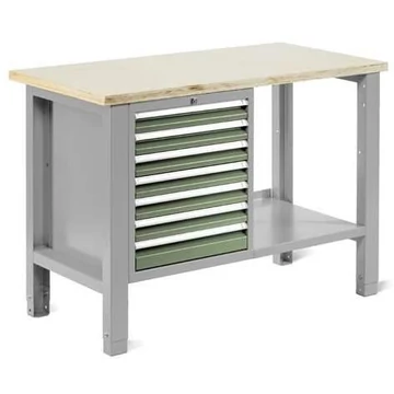 Műhelyasztal TECHNO Light, szélessége 1245 mm, 7 fiók, színe világosszürke RAL7035 / zöld RAL6011.