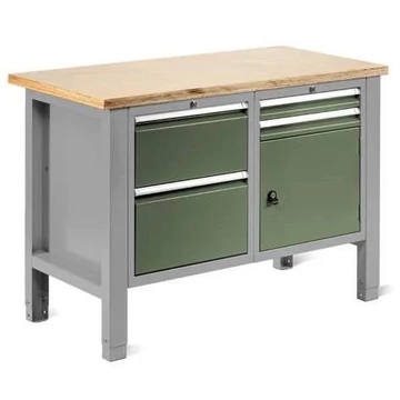 Műhelyasztal TECHNO Light, szélessége 1245 mm, 4 fiók, 1 szekrény, színe világosszürke RAL7035 / zöld RAL6011.