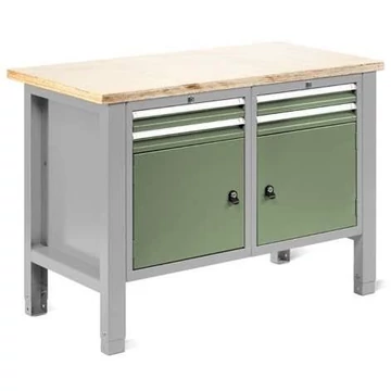 Műhelyasztal TECHNO Light, szélessége 1245 mm, 4 fiók, 2 szekrény, színe világosszürke RAL7035 / zöld RAL6011.