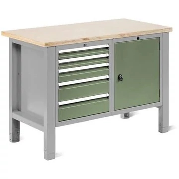 Műhelyasztal TECHNO Light, szélessége 1245 mm, 5 fiók, 1 szekrény, színe világosszürke RAL7035 / zöld RAL6011.