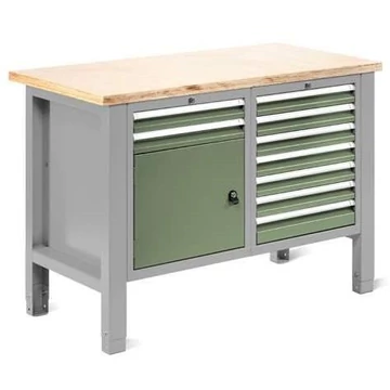 Műhelyasztal TECHNO Light, szélessége 1245 mm, 9 fiók, 1 szekrény, színe világosszürke RAL7035 / zöld RAL6011.