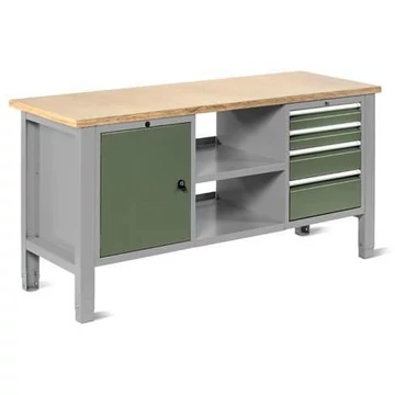 Műhelyasztal TECHNO Light, szélessége 1765 mm, 4 fiók, 1 szekrény, színe világosszürke RAL7035 / zöld RAL6011.