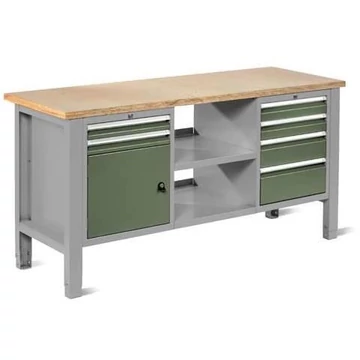 Műhelyasztal TECHNO Light, szélessége 1765 mm, 6 fiók, 1 szekrény, színe világosszürke RAL7035 / zöld RAL6011.