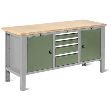 Műhelyasztal TECHNO Light, szélessége 1765 mm, 4 fiók, 2 szekrény, színe világosszürke RAL7035 / zöld RAL6011.