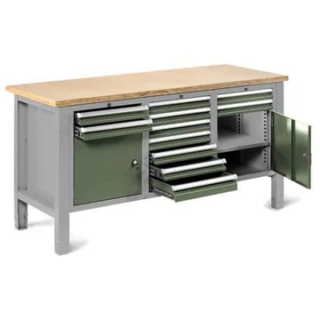Műhelyasztal TECHNO Light, szélessége 1765 mm, 11 fiók, 2 szekrény, színe világosszürke RAL7035 / zöld RAL6011.