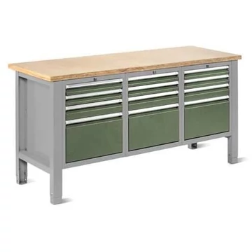 Műhelyasztal TECHNO Light, 1765 mm széles, 12 fiók, színe világosszürke RAL7035 / zöld RAL6011.