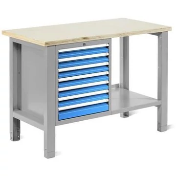 Műhelyasztal TECHNO Light, szélessége 1245 mm, 7 fiók, színe világosszürke RAL7035 / kék RAL5012.