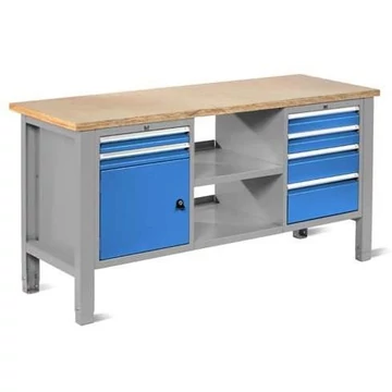 Műhelyasztal TECHNO Light, szélessége 1765 mm, 6 fiók, 1 szekrény, színe világosszürke RAL7035 / kék RAL5012.