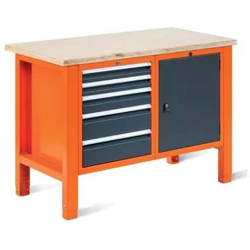 Műhelyasztal TECHNO Light, szélessége 1245 mm, 5 fiók, 1 szekrény, narancssárga színű RAL2004 / antracit RAL7016.