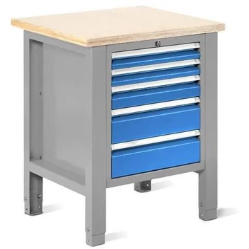 Műhelyasztal TECHNO Light, szélessége 725 mm, 5 fiók, színe világosszürke RAL7035 / kék RAL5012.