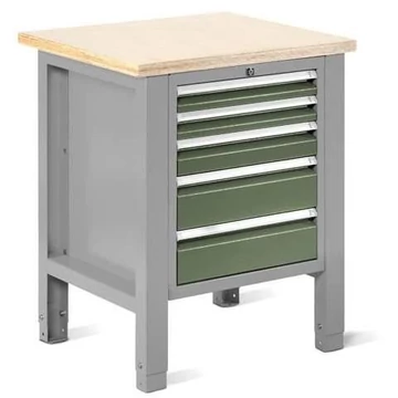 Műhelyasztal TECHNO Light, szélessége 725 mm, 5 fiók, színe világosszürke RAL7035 / zöld RAL6011.