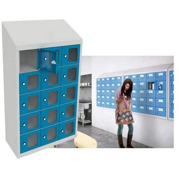 Minibox, 15 rekesz ablakkal, befoglaló méretek (ma x sz x mé): 1090x620x300 mm, testszíne világosszürke RAL7035 / ajtószín kék RAL5012