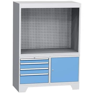 Ellenőrző munkaállomás, sz x mé x ma: 1440x700x2010 mm, 4x fiók, 1x szekrény, világosszürke RAL7035 / kék RAL5012