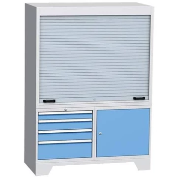 Ellenőrző munkaállomás alumínium redőnyökkel, sz x mé x ma: 1440x700x2010 mm, 4x fiók, 1x rekeszszekrény, világosszürke RAL7035 / kék RAL5012