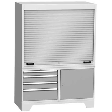 Ellenőrző munkaállomás alumínium redőnyökkel, szélesség x mélység x magasság: 1440x700x2010 mm, 4x fiók, 1x rekeszszekrény, világosszürke RAL7035