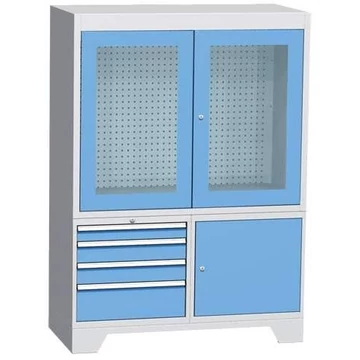 Ellenőrző munkaállomás üvegajtókkal, szélesség x mélység x magasság: 1440x700x2010 mm, 4x fiók, 1x rekeszszekrény, világosszürke RAL7035 / kék RAL5012