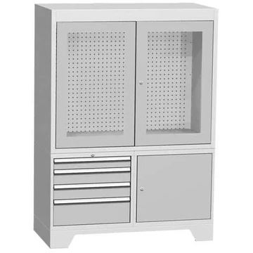 Ellenőrző munkaállomás üvegajtókkal, szélesség x mélység x magasság: 1440x700x2010 mm, 4x fiók, 1x rekeszszekrény, világosszürke RAL7035