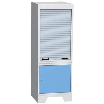 Ellenőrző munkaállomás alumínium redőnyökkel, sz x mé x ma: 720x700x2010 mm, 1x rekeszszekrény, világosszürke RAL7035 / kék RAL5012