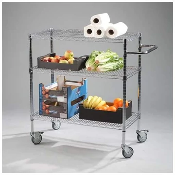 Szervizkocsi, krómozott, higiénikus, 3 polc, ma x sz x mé: 1010x460x920 mm, teherbírás 200 kg