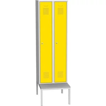 Gardróbszekrény, hegesztett, 2 x 300 mm, ajtó színe sárga RAL1023, beépített paddal