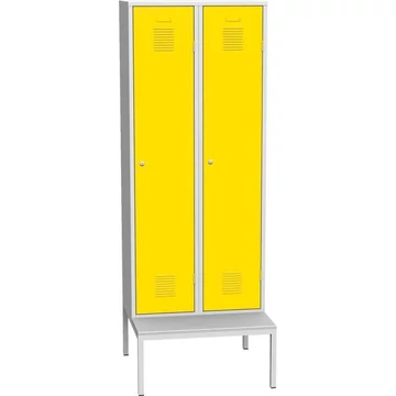 Szekrény, hegesztett, 2 x 400 mm, ajtó színe sárga RAL1023, alul paddal