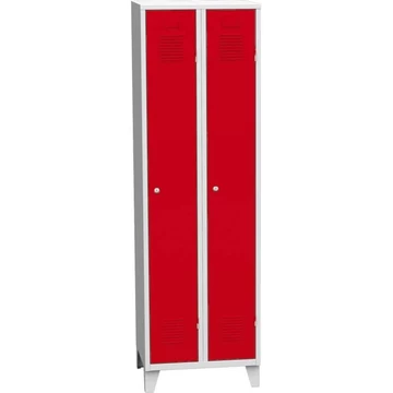 Szekrény, hegesztett, 2 x 300 mm, ajtó színe piros RAL3000, csapos lábakkal