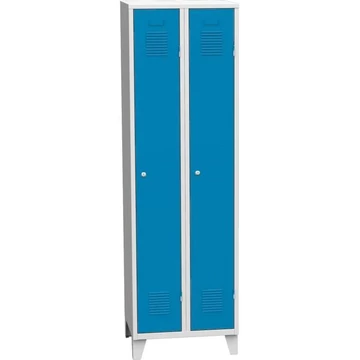 Szekrény, hegesztett, 2 x 300 mm, ajtó színe kék RAL5012, csapos lábakkal