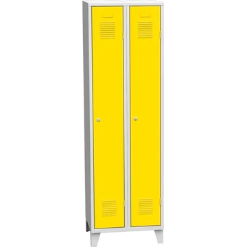 Szekrény, hegesztett, 2 x 300 mm, ajtó színe sárga RAL1023, csapos lábakkal