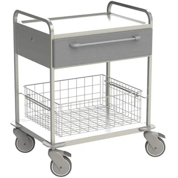 Rozsdamentes acél asztalkocsi, 2 polc, 1 drótkosár, 1 fiók szürke, m x h x sz: 920x760x560 mm