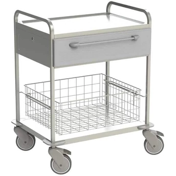 Rozsdamentes acél kocsi, 2 polc, 1 drótkosár, 1 fiók fehér, m x h x sz: 920x760x560 mm