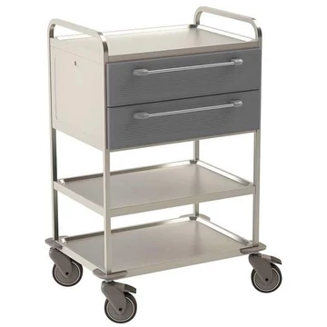 Rozsdamentes acél kocsi, 3 polc, 2 fiók szürke, m x h x sz: 1120x760x560 mm