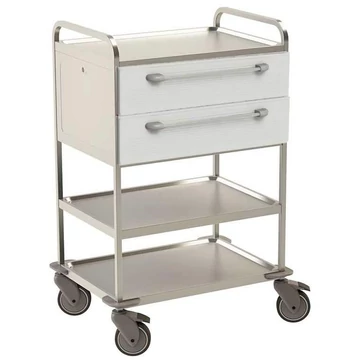 Rozsdamentes acél kocsi, 3 polc, 2 fiók fehér, m x h x sz: 1120x760x560 mm