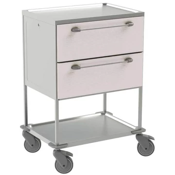 Rozsdamentes acél kocsi, 2 polc, 2 fehér fiók, m x h x sz: 1040x760x560 mm